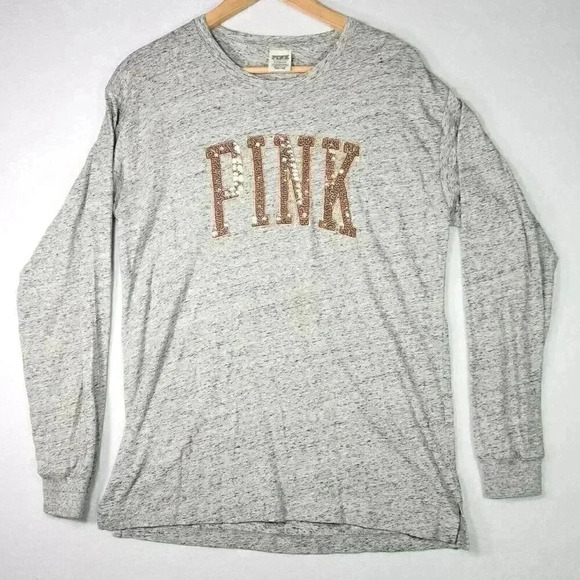PINK Victoria's Secret Women's Bling T-shirt Small Rose Gold Sequin Logo LS Gray - Picture 1 of 14